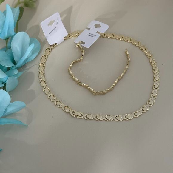 18K Gold Plated XP Hugs Kisses XOXO Necklace Bracelet Set Oro Laminado - Picture 3 of 10